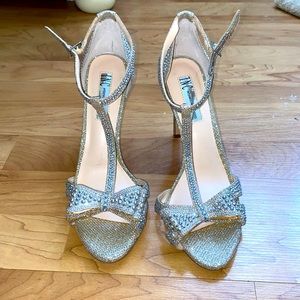 INC silver open toe sparkly heels